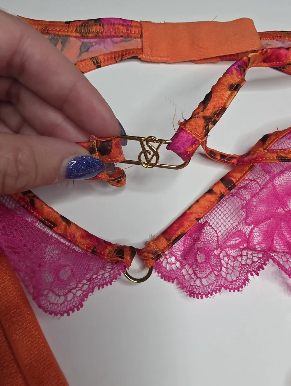 NEW Victoria's Secret Garter Pink Orange Satin Lace Floral XS